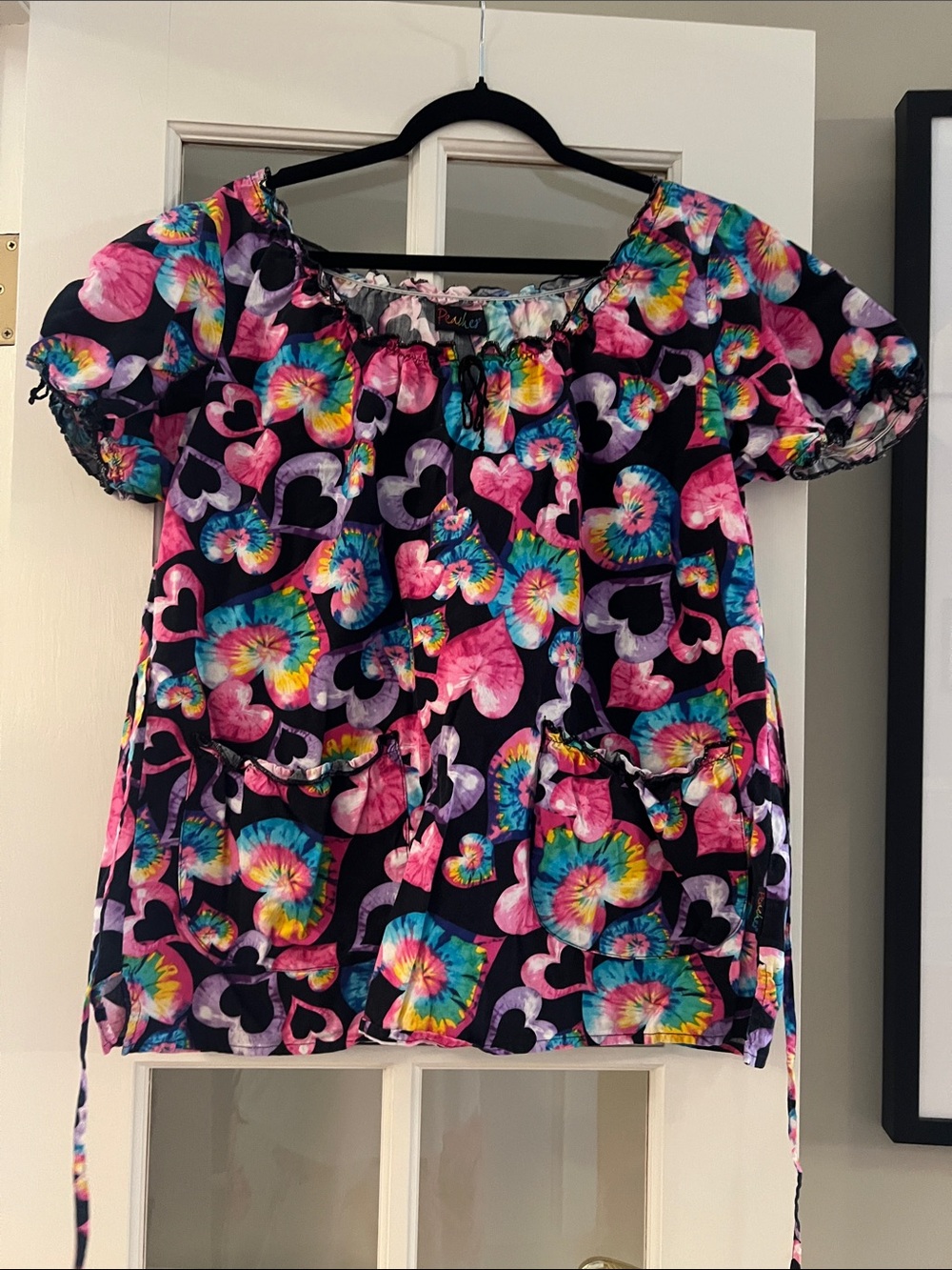 Peaches Colorful Tie-Dye Heart Scrub Top